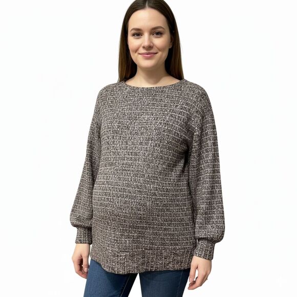 Motherhood Maternity Tops - Motherhood Maternity Ribbed Knit Heather Grey Long Sleeve Balloon Sleeve Top Sm